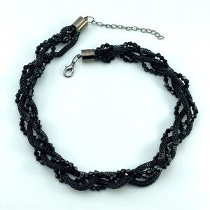 Stunning Black Faceted Bead and Mesh Braided Statement Necklace